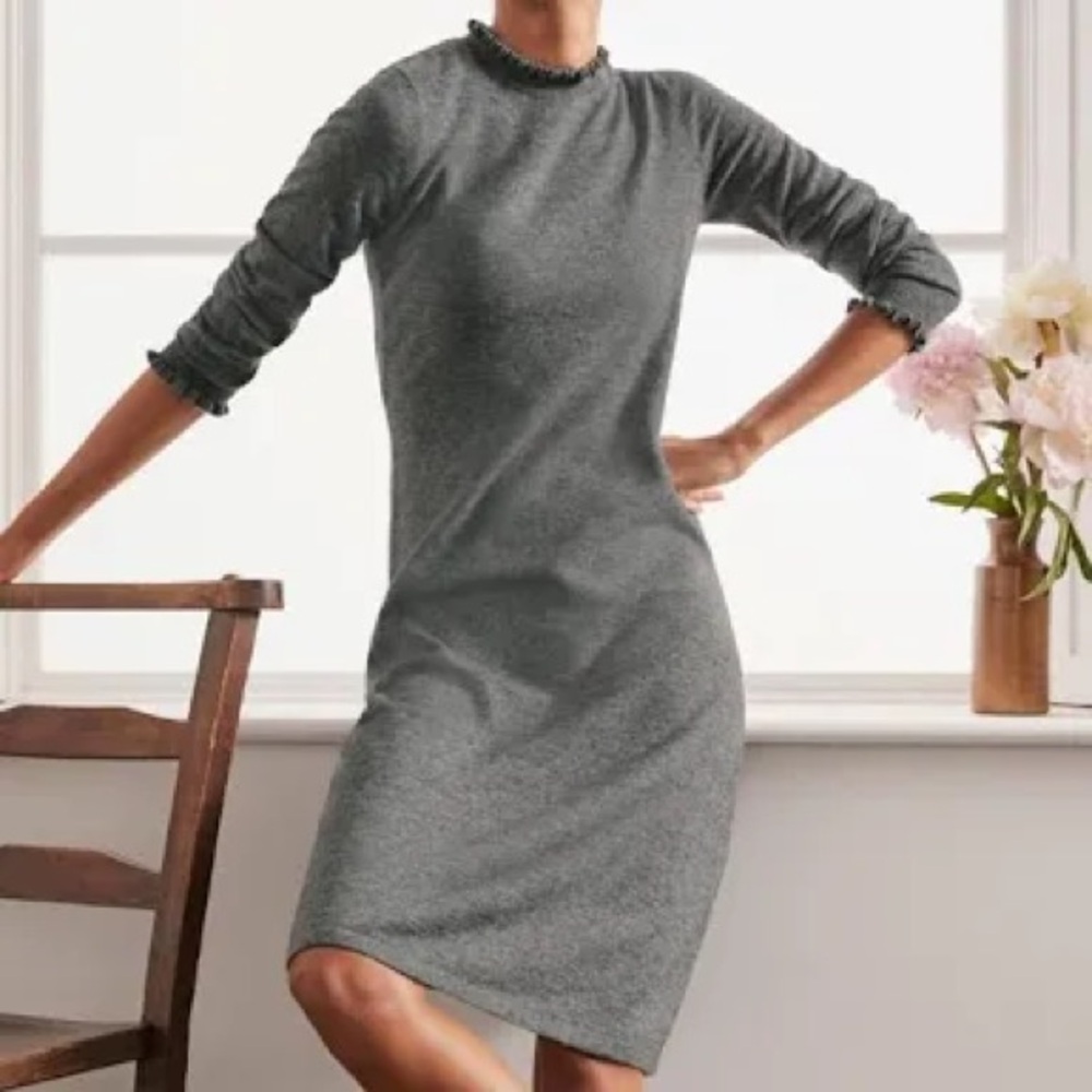 Boden Lara grey cashmere wool blend dress with ruffles , size 8
